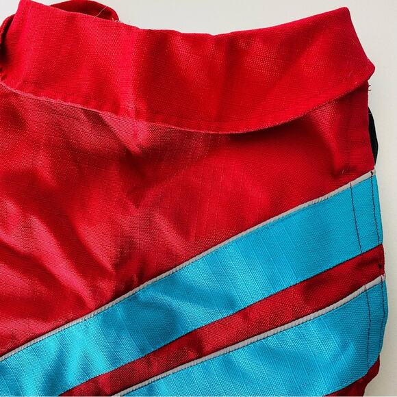 Red Blue Striped Grey Velcro Rain Coat Jacket Lined Leash Hole Collar Dog Puppy - Picture 3 of 11